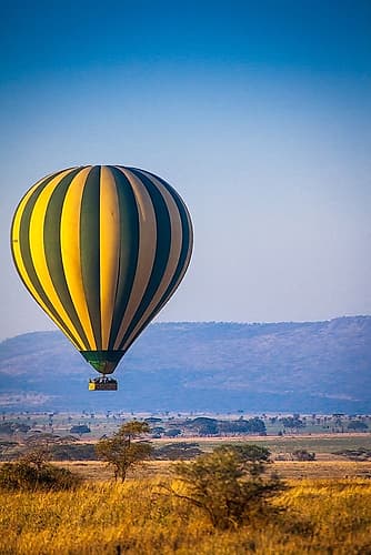 A hot-air balloon slowly traverses over the Serengeti plain Landscape Print